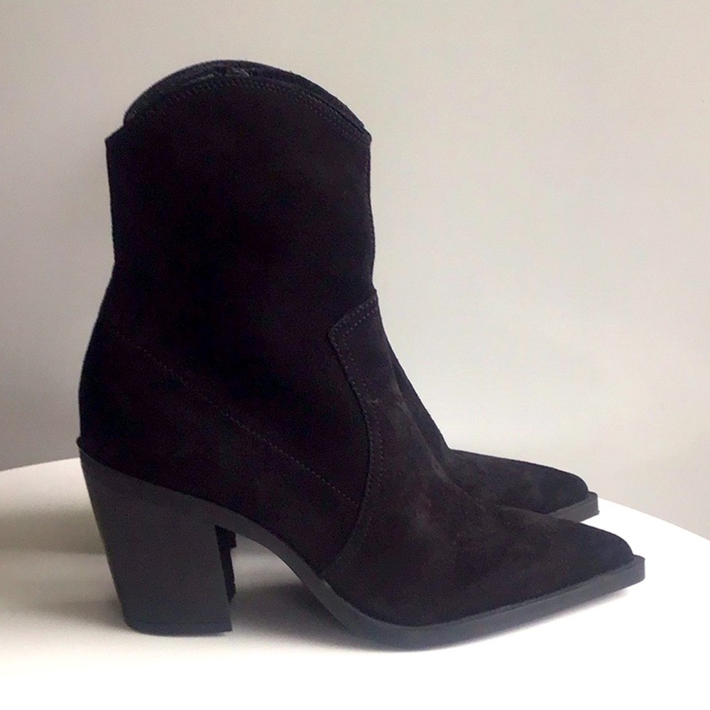 Zara leather western Black Suede heeled Ankle Boots - Picture 3 of 16